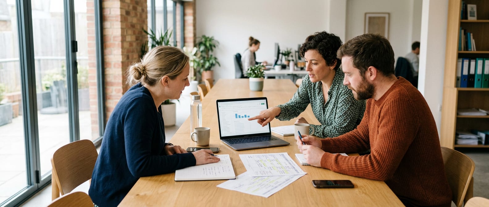 A small team planning content around a table, with charts on a laptop and a printed content calendar