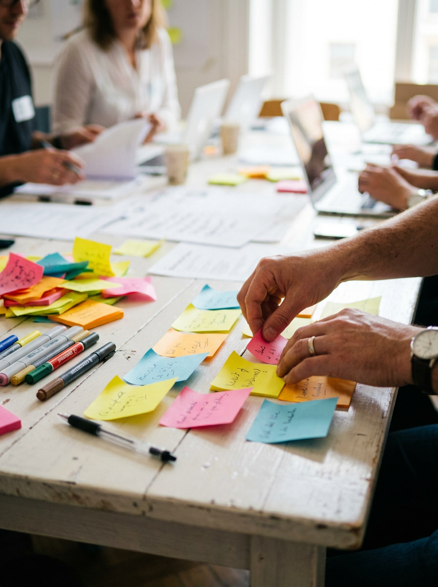 A research session with real users, working through ideas together around a table
