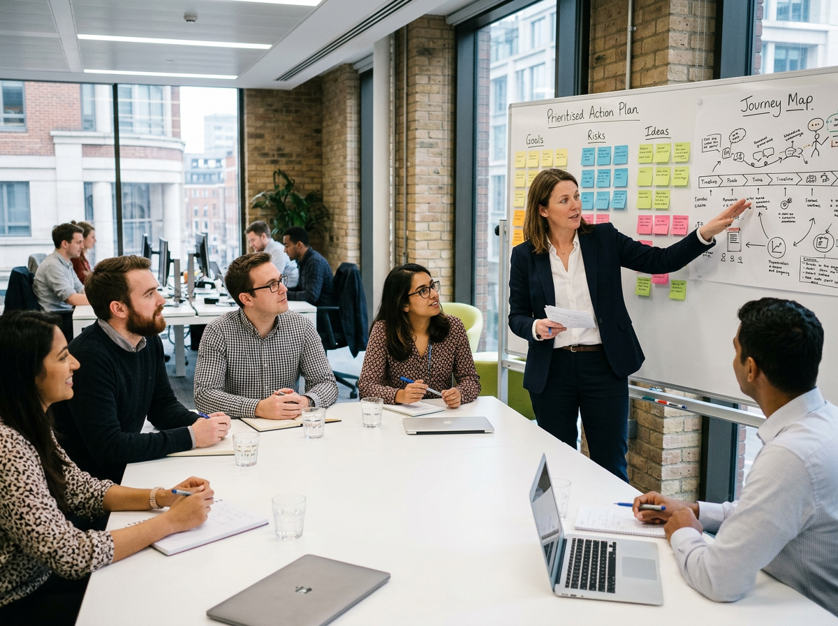 A facilitator walking a seated team through a customer journey map